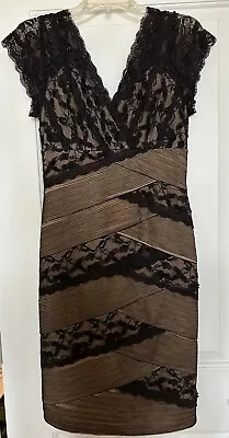 Vtg Marina Gold & Black W/Mesh Lace Beaded Sheath Cap Sleeve V-Neck Dress Size 8 • $19.99