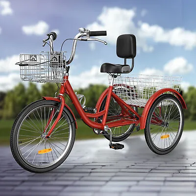 24  7-Speed  Adult Tricycle Trike 3-Wheel Bike W/Removable Basket Phantom Red • $210.59
