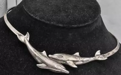 Vintage Sterling Silver KABANA Double Dolphin Design Ladies Choker Necklace 16  • $110