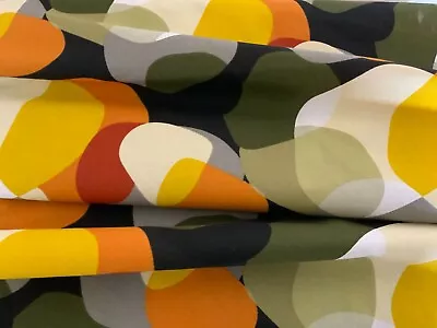 RETRO PATTERN - Olive Green Shapes 60`s 70`s Cotton Fabric For Curtains Cushions • £1.50