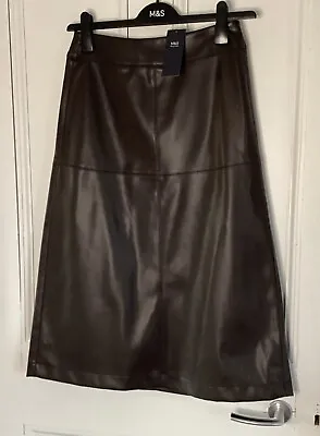 Marks And Spencer Faux Leather A-Line Midi Skirt Size 10 Chocolate Brown Bnwt • £25