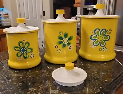 Vintage 1960s Kromex Aluminum Canister Set Of 3 Yellow Mod Flower Power Design • $119.95