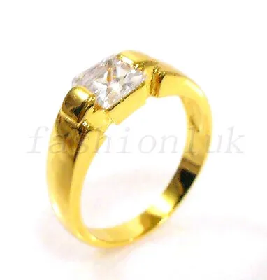 Unisex Clear Cubic Zirconia Classic Engagement Ring K O 24K Yellow Gold Plate • £11.69