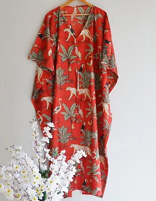 Indian Vintage 100% Cotton Long Beach Maxi Kaftan Dress One Size Caftan Kimono • $26.99