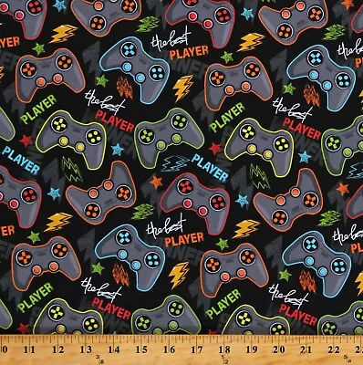 Cotton Gaming Controllers Videogames Kids Black Fabric Print By The Yard D302.45 • $12.95