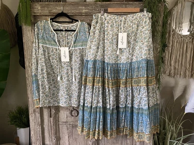$220 • Buy Arnhem Lucia Blouse & Skirt In Ocean Organic Cotton Block Print Size 14 & 16 New
