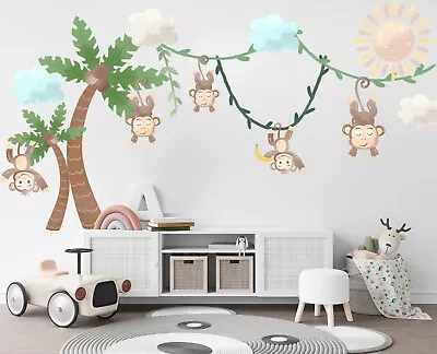 Safari Animals Monkey Coconut Palm Tree Nursery Removable Wall Decal Stickers • $60.18