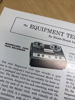 MAGNECORD 1020 Tape Recorder  Reprint Article 1966 TEST REPORT • $4.99