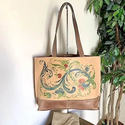 Patricia Nash Italian Brown Leather Green Orange Floral Print Tote Shoulder Bag • $49.99