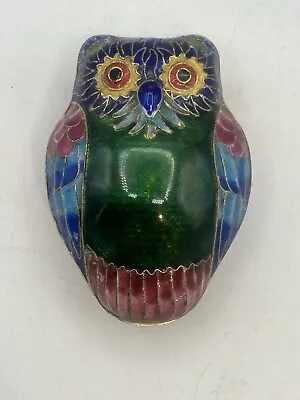 Cloisonné Owl Trinket Box Emerald Chest Multiple Color Brass And Enamel NOS  • $23.19