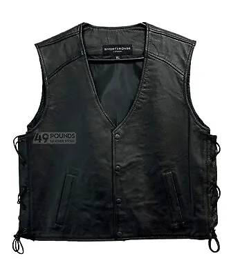 Men's Leather Waistcoat Black Laced Real Cowhide BIKER COWBOY Vest Harley • £42