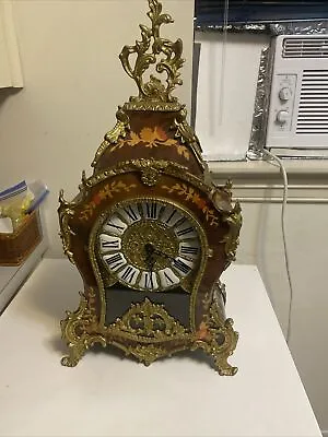 XL Vintage Boulle Mantel Clock Floral Decor Wood Brass  • $399