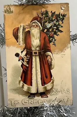 Vintage Old World Santa Claus Salute Toys Tree Teddy Bear Postcard Embossed • $11.90