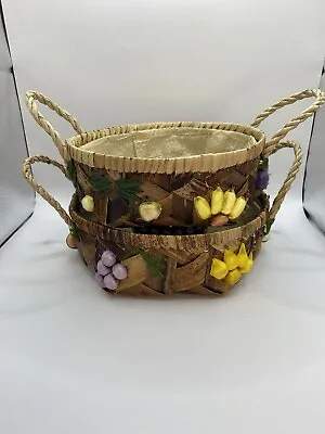 Vintage Woven Raffia Straw  Nesting Basket Trays Fruit Flowers Set Of 2 • $15