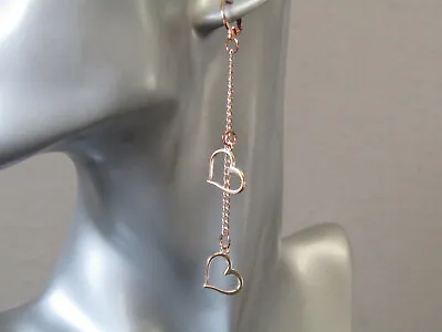 £9.55 • Buy Rose Gold Chain& Double Hearts Long Drop Huggie Hoop Rose Gold Plated Earrings