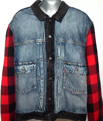 Levis Mens Blue Jean Black Red Buffalo Plaid Sleeve Sherpa Trucker Jacket Size L • $50