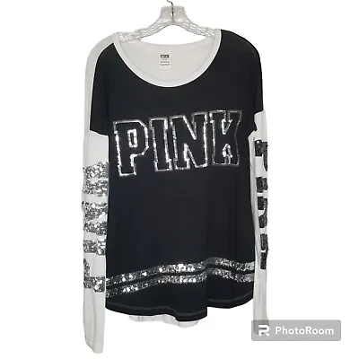 PINK Victorias Secret White Silver Black Sequin Logo Long Sleeve T-Shirt Medium • $19.99