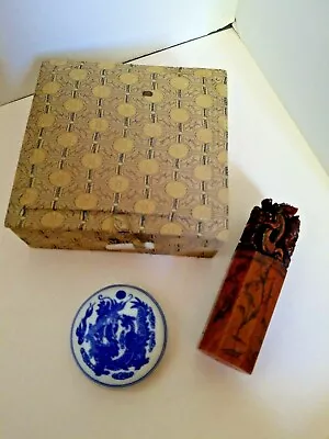 Vintage Asian Stamp Set Box Stone Stamp And Ceramic Wax Container Sharon • $30