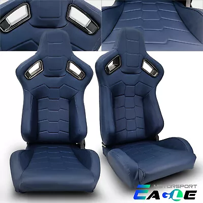 JDM Universal Blue PVC Leather Sport Racing Seats Left&Right W/Slider Pair • $302.98