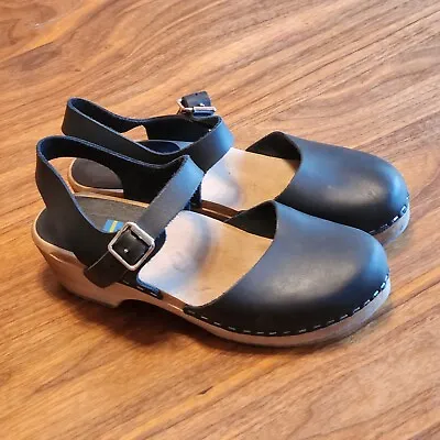 MIA Abba Women’s Size 7 38 Black Leather Ankle Strap Clog Shoes • $42.99