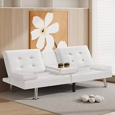 White Faux Leather Futon Sleeper Sofa Bed: Modern Recliner Couch With Cupholders • $184.99