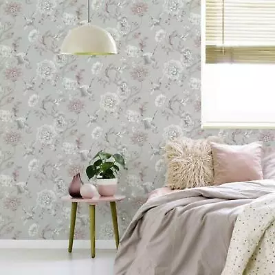 Arthouse Japanese Crane Grey & Pink Wallpaper Textured Vinyl Feature Wall • £11.99