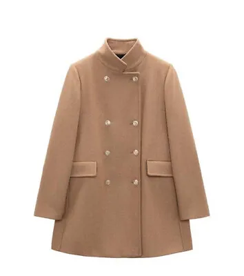 ZARA NEW WOMAN DOUBLE-BREASTED WOOL BLEND MILITARY COAT CAMEL 8456/298  Size S • $82.11