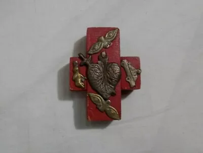 Milagros Wooden Cross Handmade Mexico Folk Art Size: Mini 2.75  X 2  Red • $12.50