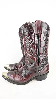 Vintage Mens Cowboy Boots In Ox Blood With Silver Toe Caps Size EU41/UK8.5EW • $365
