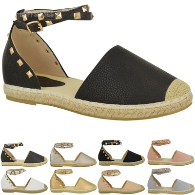 Womens Ladies Espadrilles Ankle Strappy Flat Summer Sandals Rock Stud Shoes Size • £16.99