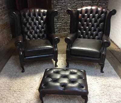 Chesterfield Queen Ann Chairs A Pair With A Footstool In Dark Antique Brown • £995