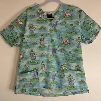 Medgear Blue Frog V-Neck Scrub Top Medical Uniform Medium • $11.86