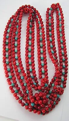 Stunning Woven Rd. Bead Ladder Style Red Coral & Turquoise Jay King Necklace 48  • $99.99