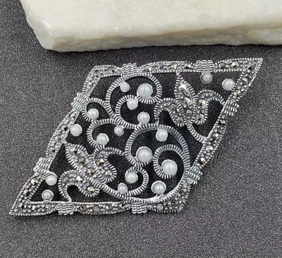 Estate 925 Sterling Seed Pearl Marcasite Filigree Floral Victorian Pendant VIDEO • $22.74