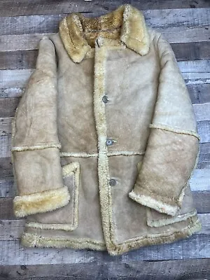 VTG Men 42R Sheepskin Factory Shearling Rancher Coat Marlboro Western USA *Tear* • $116.99