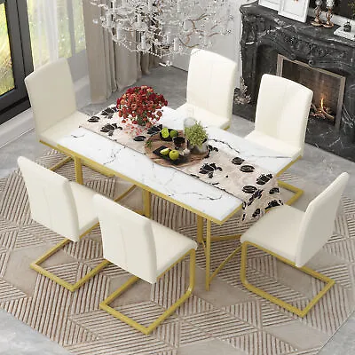 7-Piece Dining Table Set Kitchen Table Set With Marble Sticker Table & 6 Chairs • $583.86
