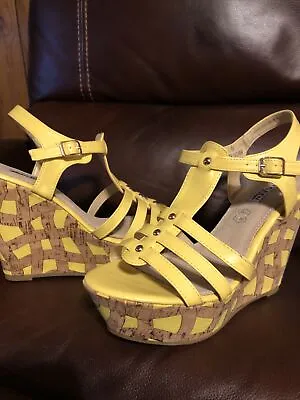 Modcloth Kayleen By Los Angeles Yellow Cork T Strap Wedge Platform High Heels 9 • $19.99