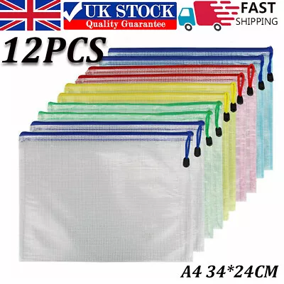 12Pcs A4 Plastic Wallet Document Zip Lock Bags PVC  Pockets With Zipper Storage • £5.98