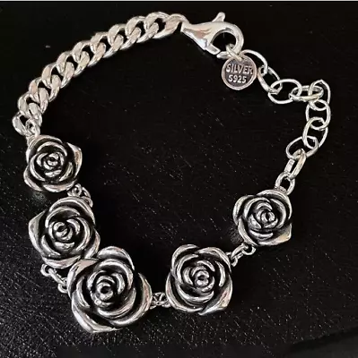 New 925 Sterling Silver Vintage Roses Flower Chain Bracelet Trendy Style Bangle • $8.20