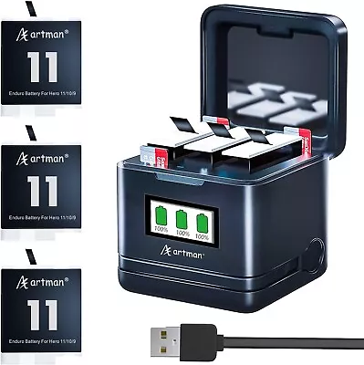 Artman Enduro Battery 1800mAh And 3-Channel LCD Charger GoPro Hero 11 (3-Pack) • $99.99