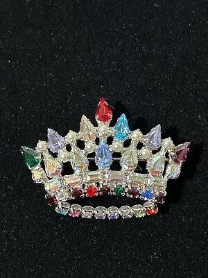 B DAVID Vintage Queen CROWN Brooch Pin Aurora Borealis Glass Rhinestone Signed • $24