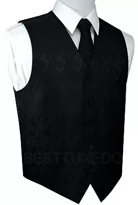 Men's Black Paisley Tuxedo Vest Tie & Hankie Set. Formal Dress Wedding Prom • $24.88