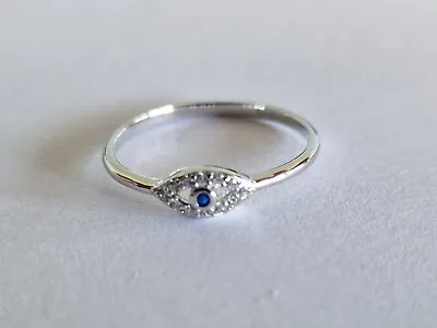 925 Sterling Silver Hamsa Evil Eye Band Ring  With Blue And Clear CZ Size P 1/2 • £9.99