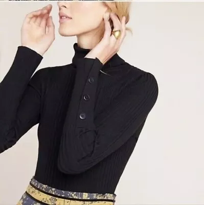 MOTH By Anthropologie Black Ribbed Turtleneck Sweater Size M Button Sleeves • $30