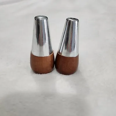 Vtg Mid Century Modern Mini Salt And Pepper Shakers Wood And Silver  2.5   • $14