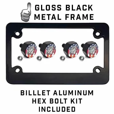 Black Metal License Plate Frame & Hex Tag Bolt Kit - BULLDOG USMC USA FLAG • $13.25