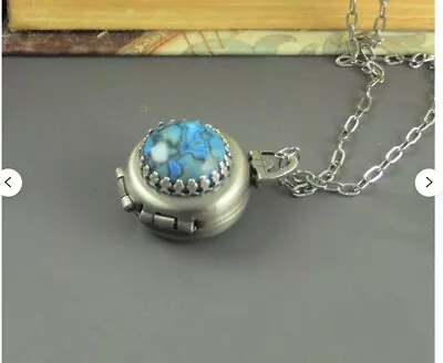  Round Folding Locket 4 Photos Folding Locket Silver Folding Locket Agate Blue • $45