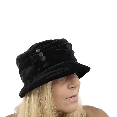 Vintage Betmar Black Velvet Hat Cloche Bucket Ruched Button Detail Retro Glam • $65