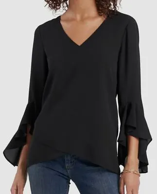 $90 Vince Camuto Women's Black Flutter Sleeve V-Neck Tunic Blouse Top Size XL • $28.78
