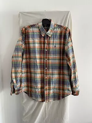 RALPH LAUREN Brown Checked Custom Fit Long Sleeve Shirt Size L • £20